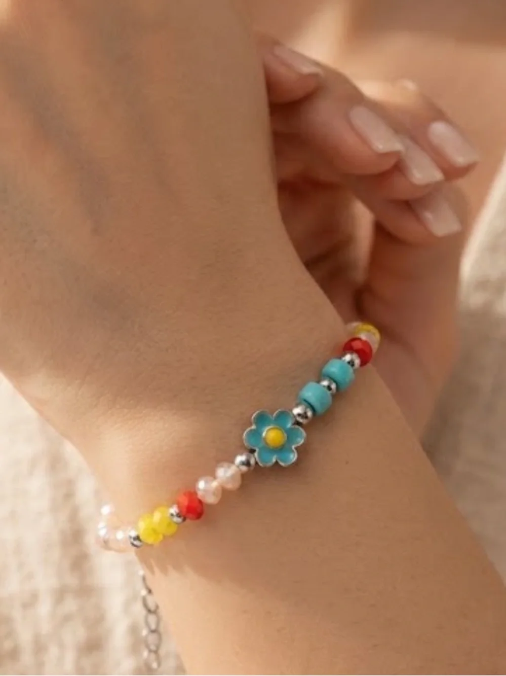 Colorful Beaded Flower Anklet — Turquoise, Yellow, Red Accents